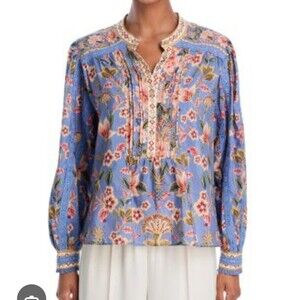 Farm Rio blue superbloom tapestry blouse Top  boho-chic Laces Size M New NWOT